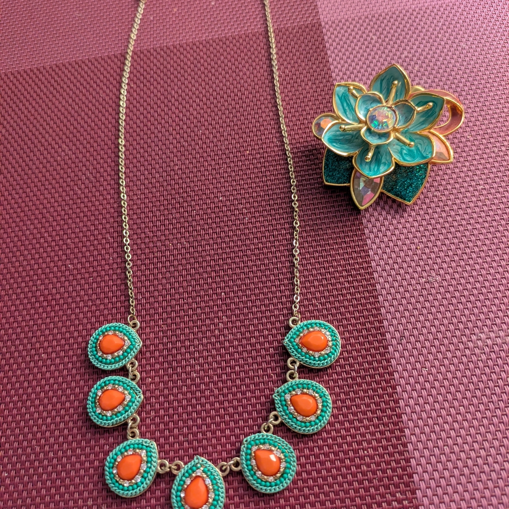 Vibrant Turquoise and Coral Beaded Teardrop With Crystal Necklace & Costume Jewe
